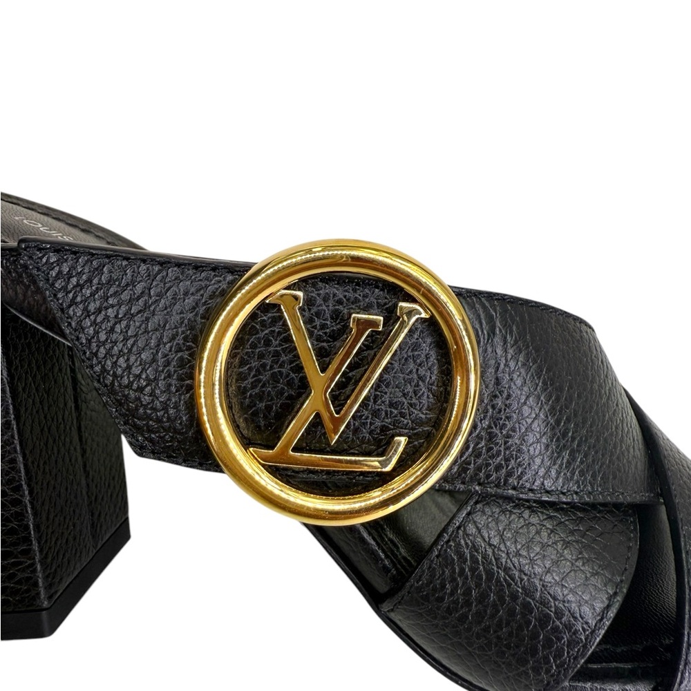NEW LOUIS VUITTON LV Logo Black Leather Block Heel Sandals Mules IT36 - Picture 4 of 13